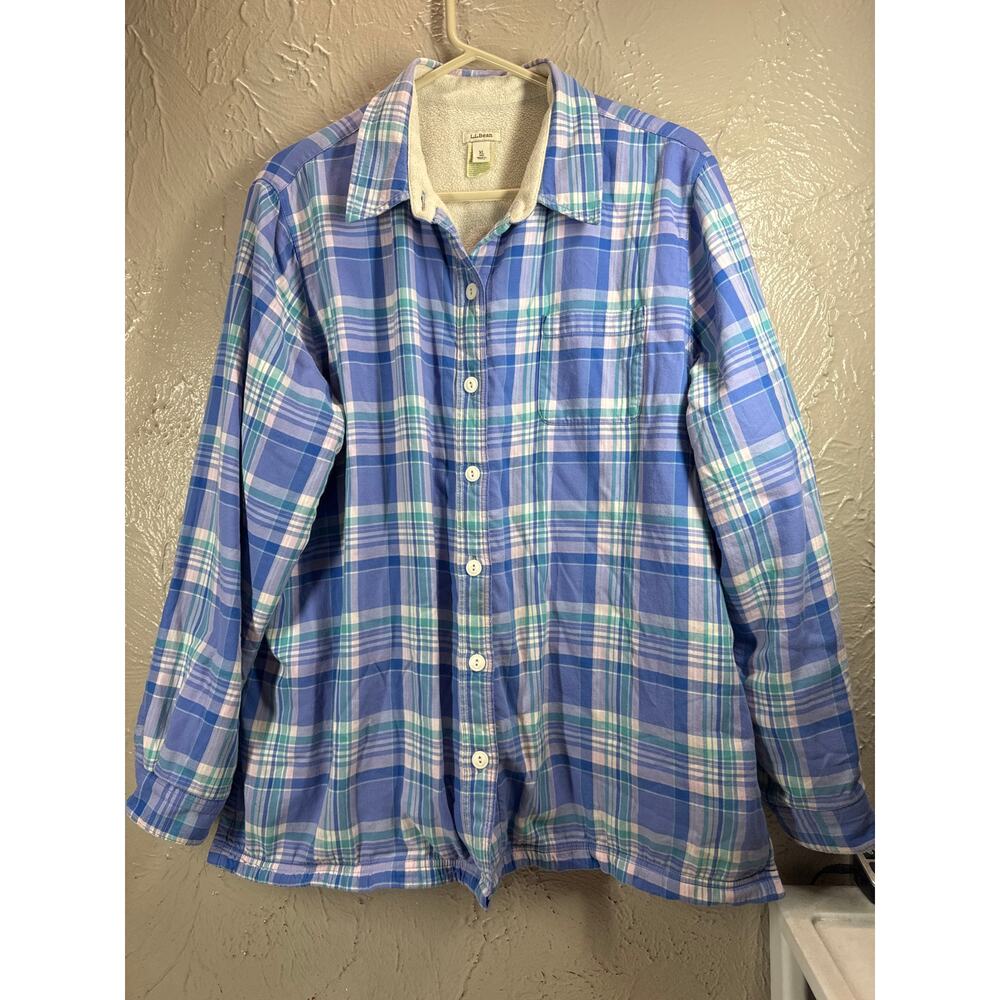 L.L. Bean Fleece Lined Flannel Shirt Womens Blue Plaid Button-Up Shacket Size XL